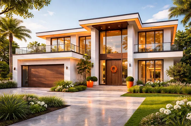k Modern two-storey home exterior with large glass windows, wood accents, a wide driveway, and lush landscaping at dusk.